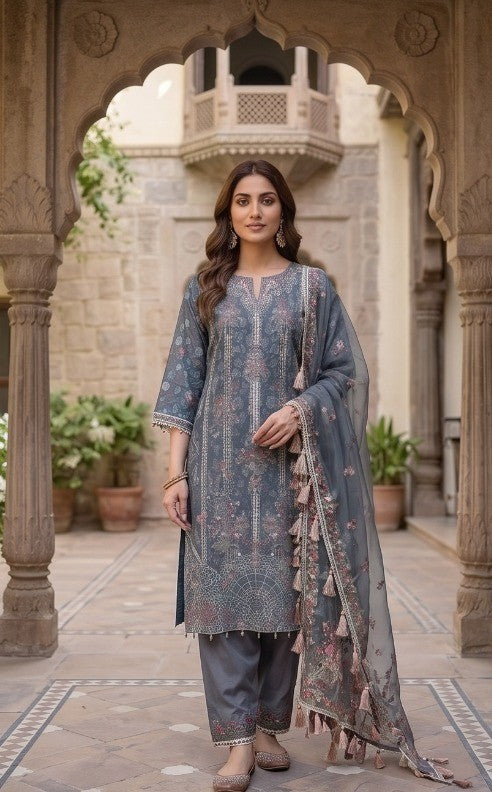 Slate Grey Organza Embroidered Three-Piece Set with Tassel Dupatta