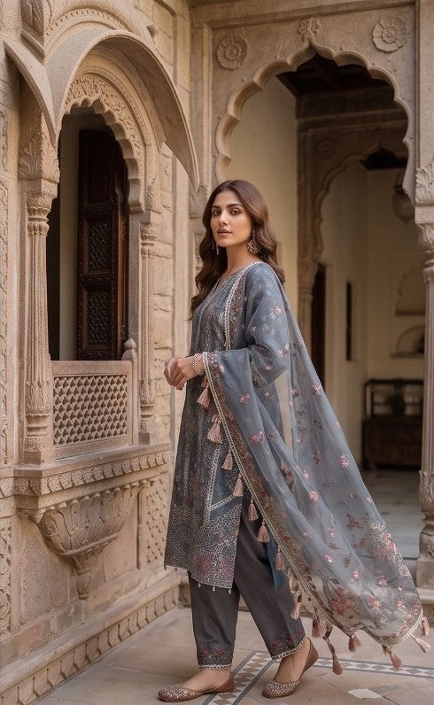 Slate Grey Organza Embroidered Three-Piece Set with Tassel Dupatta