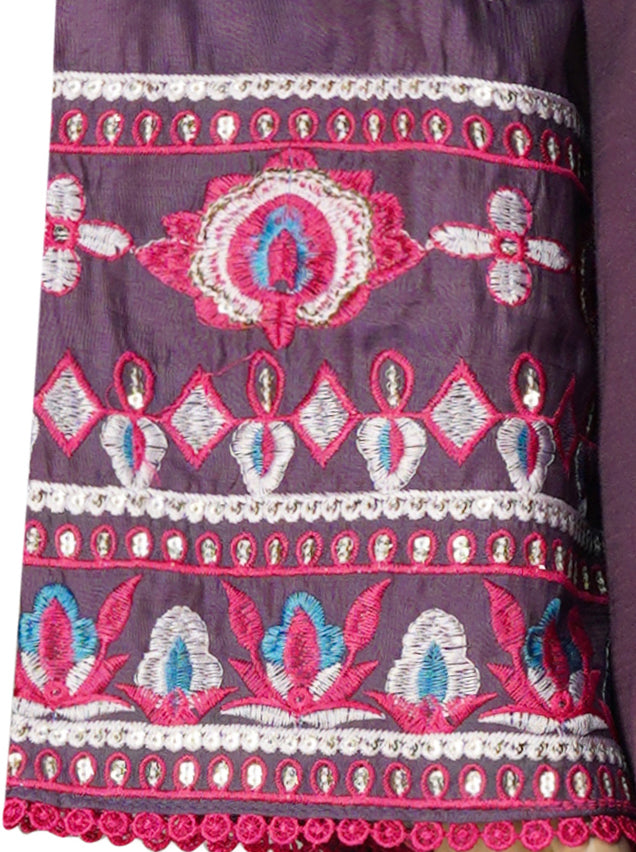 Purple Mixed  Cotton Embroidered Three Piece Suit