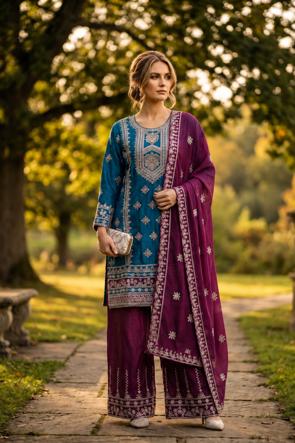 Turquoise And Wine Sequin Embroidered Three Piece Suit