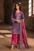 Purple Mixed  Cotton Embroidered Three Piece Suit
