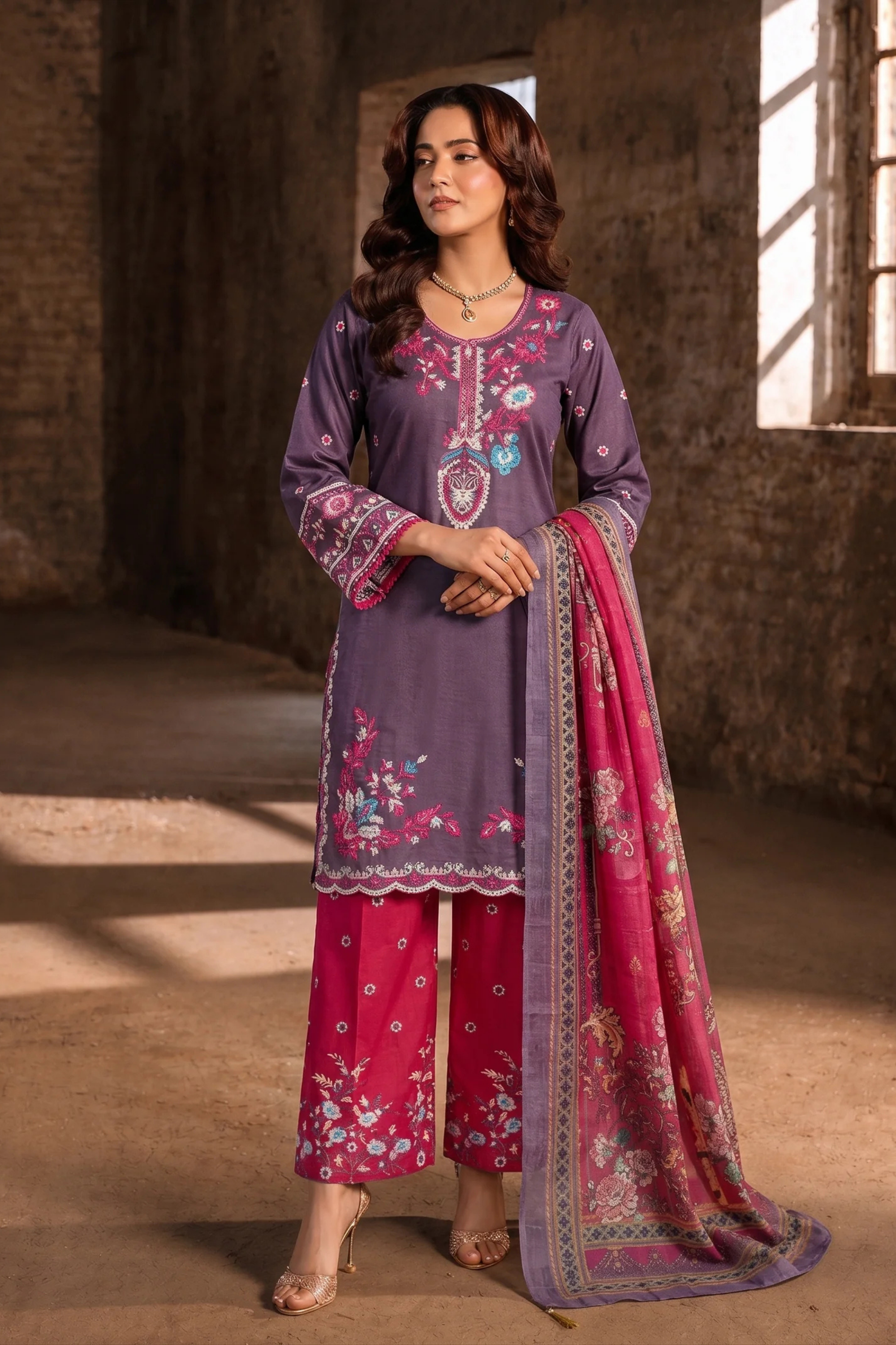 Purple Mixed  Cotton Embroidered Three Piece Suit