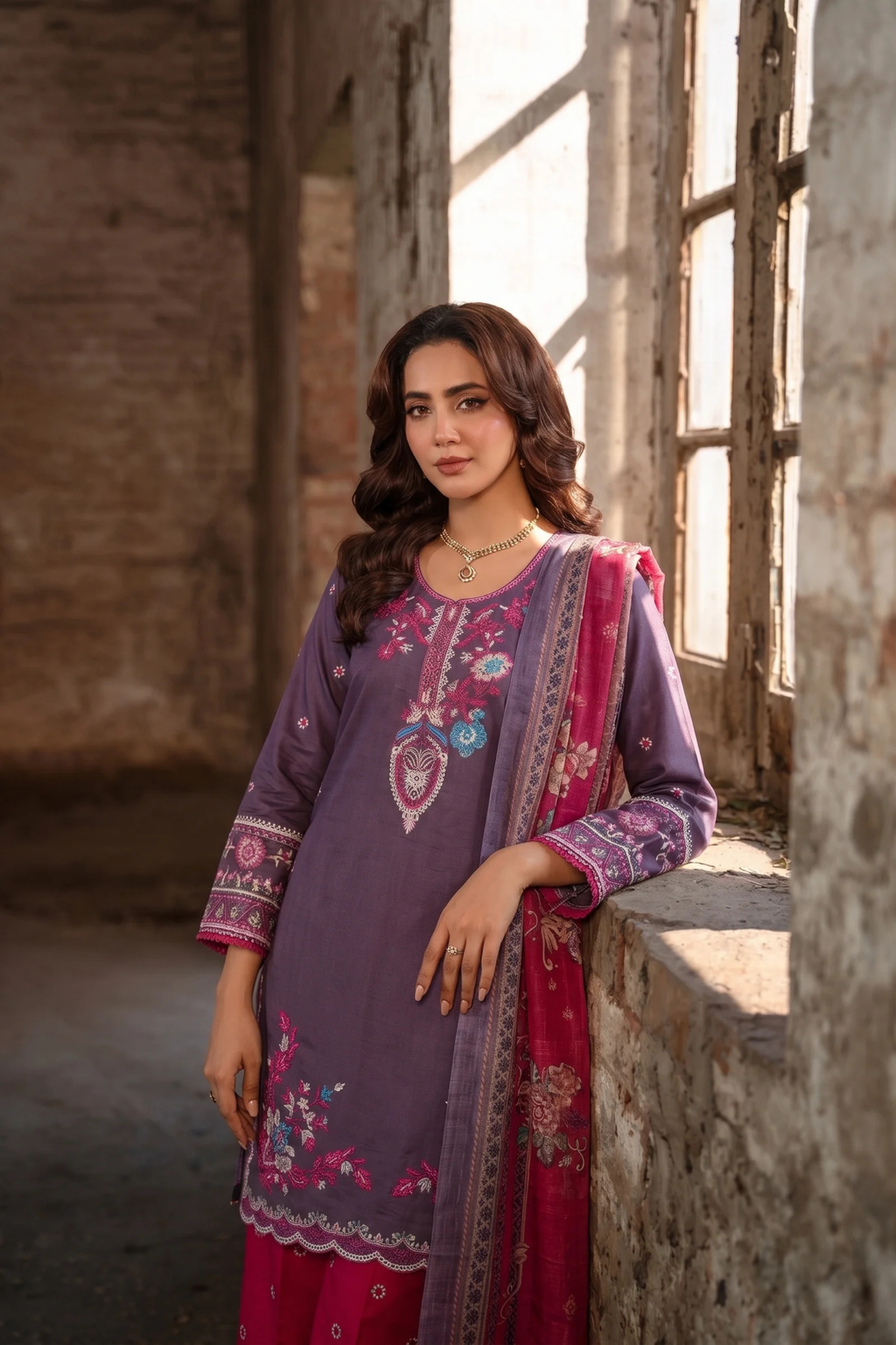 Purple Mixed  Cotton Embroidered Three Piece Suit