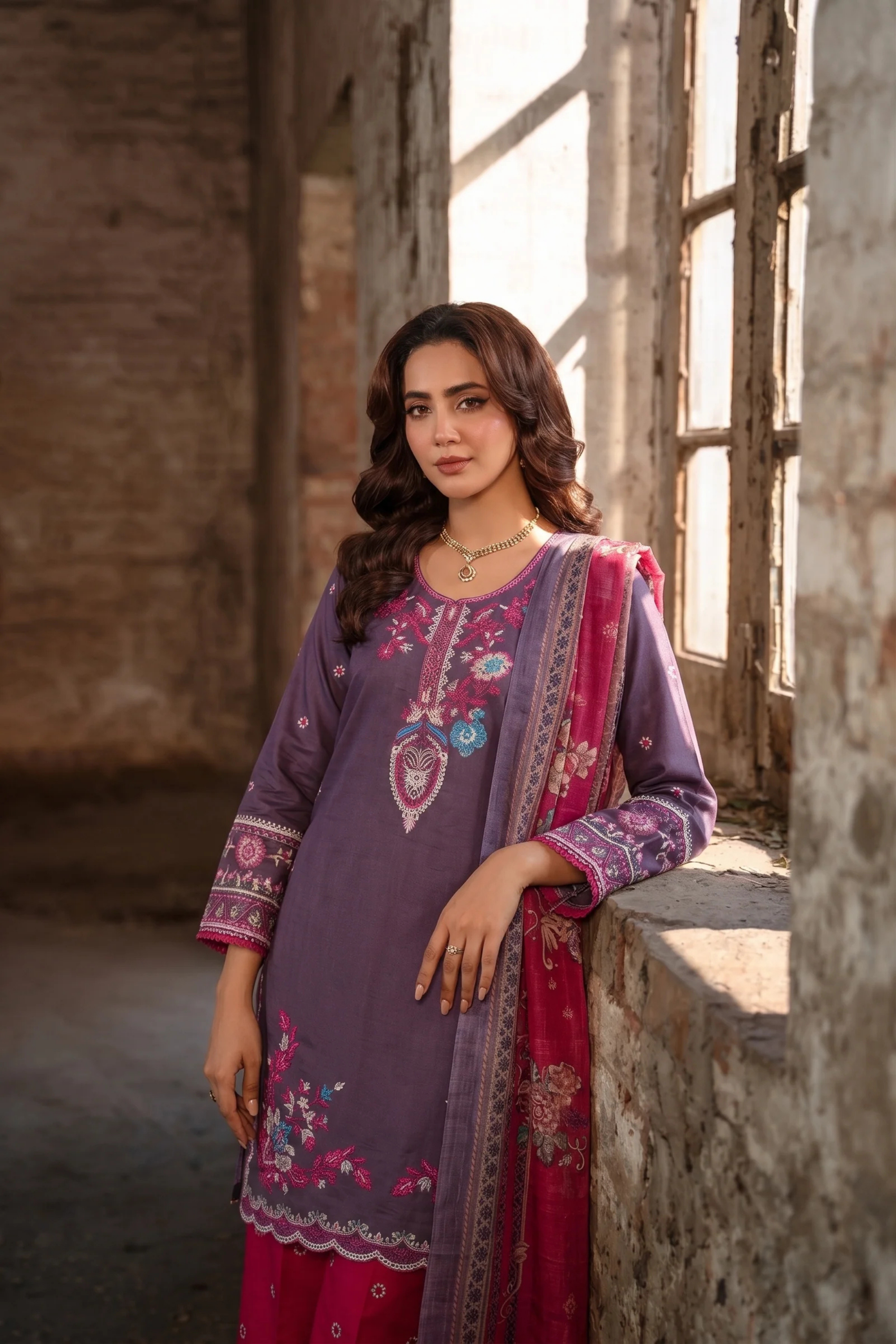 Purple Mixed  Cotton Embroidered Three Piece Suit