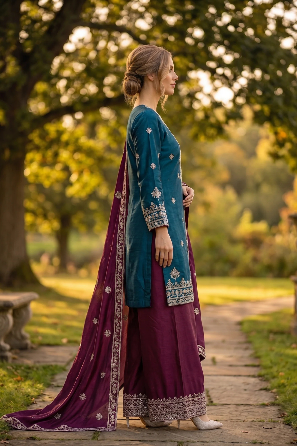 Turquoise And Wine Sequin Embroidered Three Piece Suit