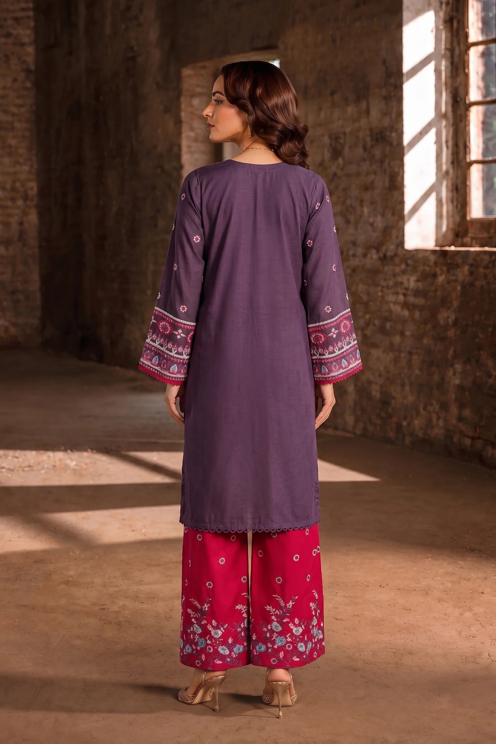 Purple Mixed  Cotton Embroidered Three Piece Suit