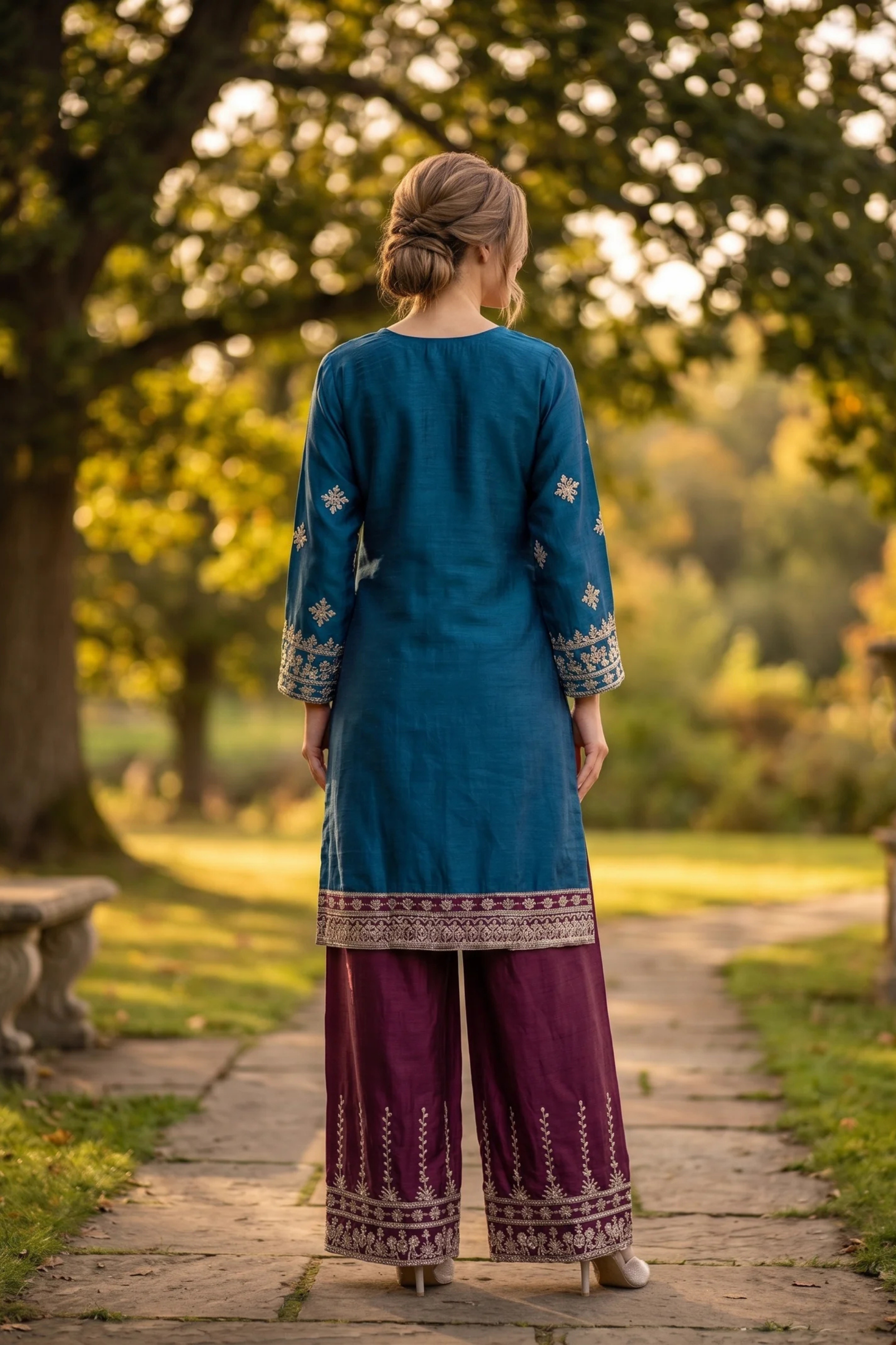 Turquoise And Wine Sequin Embroidered Three Piece Suit