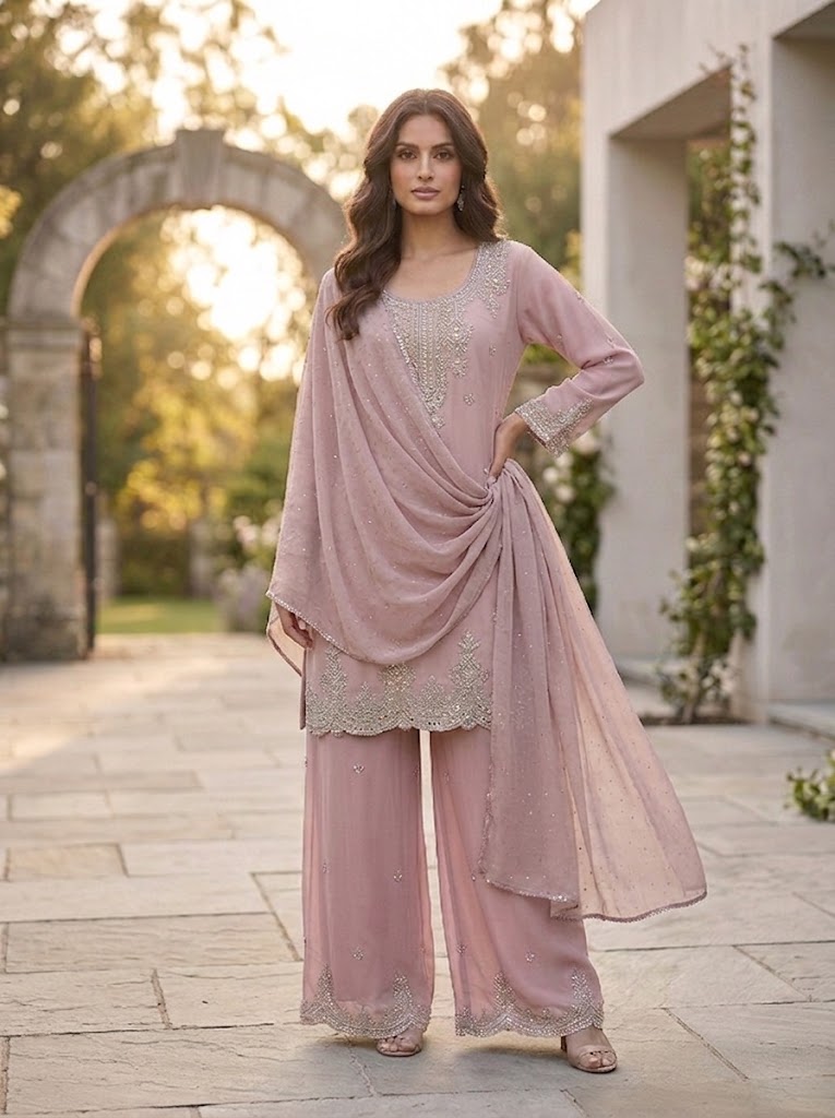 Light Brown Chiffon Zardozi Three Piece Suit