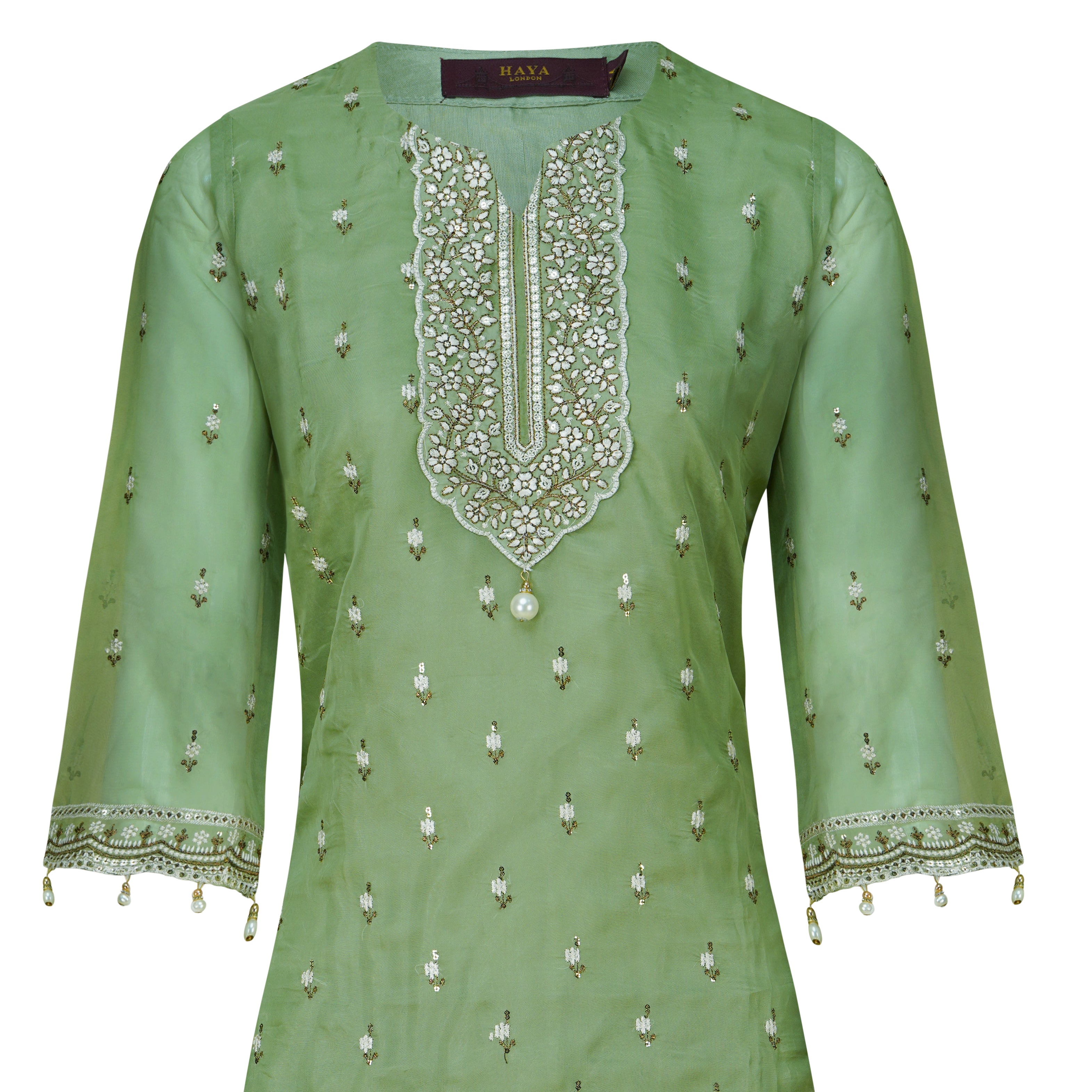 Soft Pistachio Organza Embroidered Three-Piece Suit
