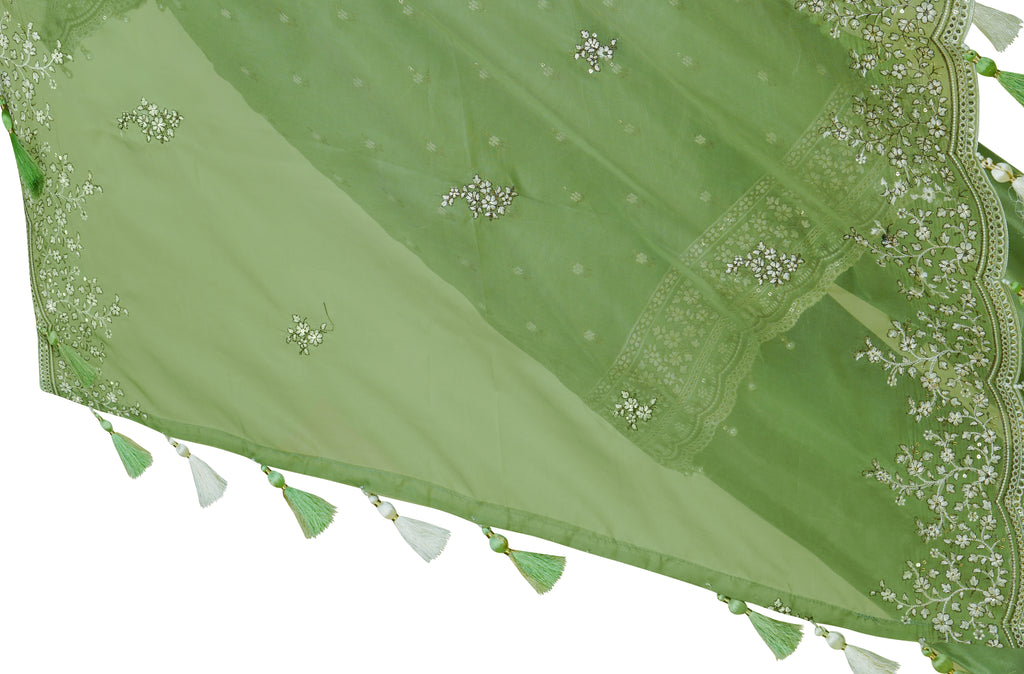 Soft Pistachio Organza Embroidered Three-Piece Suit