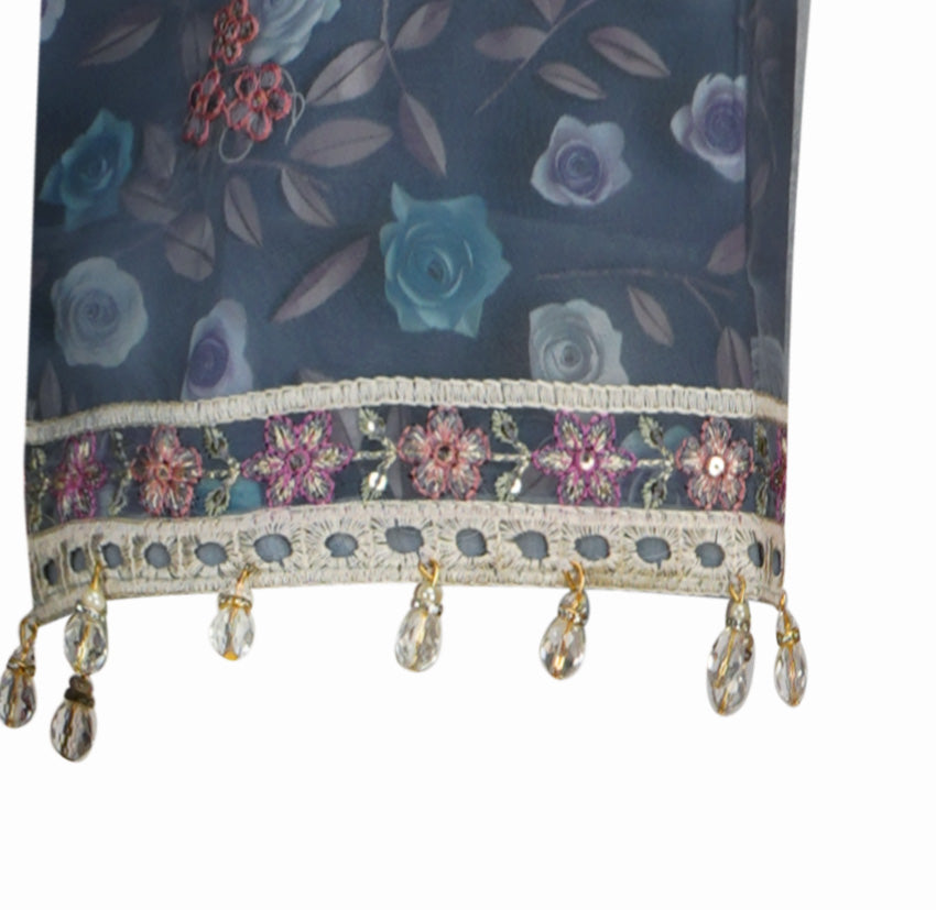Slate Grey Organza Embroidered Three-Piece Set with Tassel Dupatta