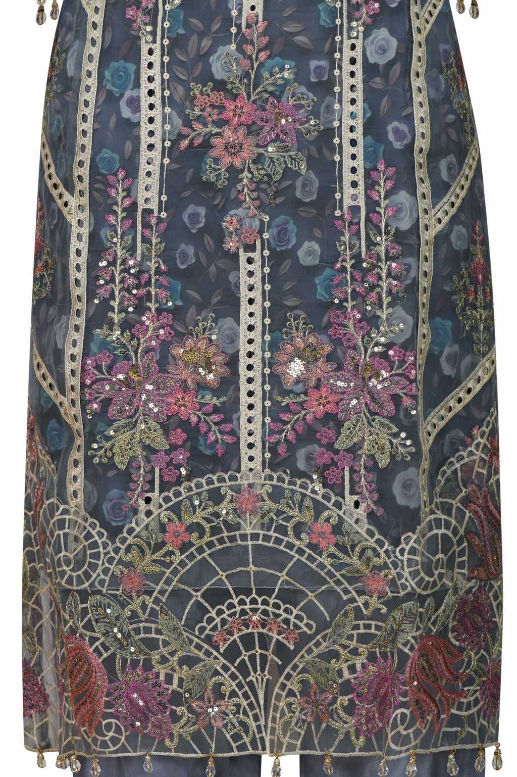 Slate Grey Organza Embroidered Three-Piece Set with Tassel Dupatta