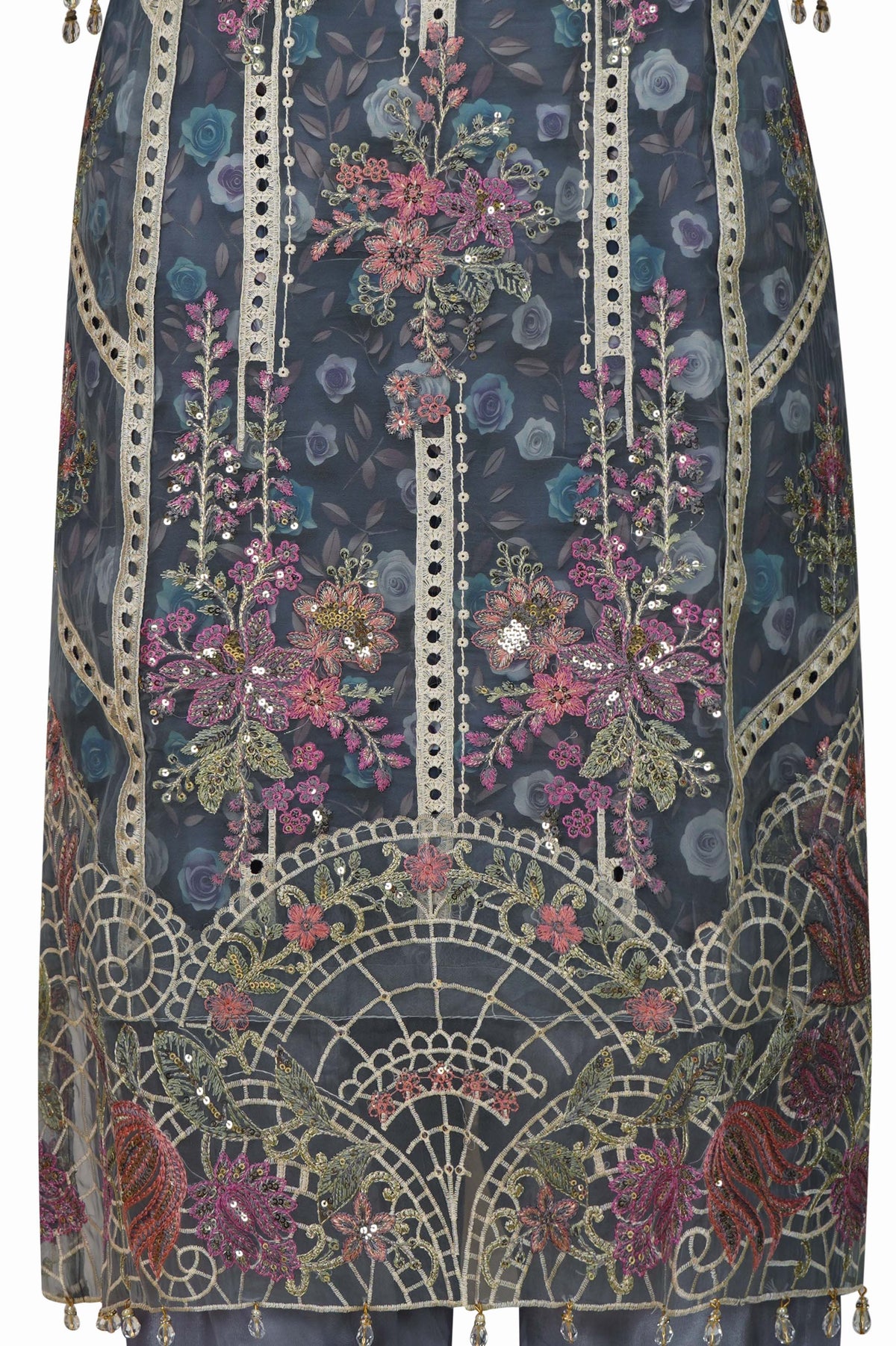 Slate Grey Organza Embroidered Three-Piece Set with Tassel Dupatta