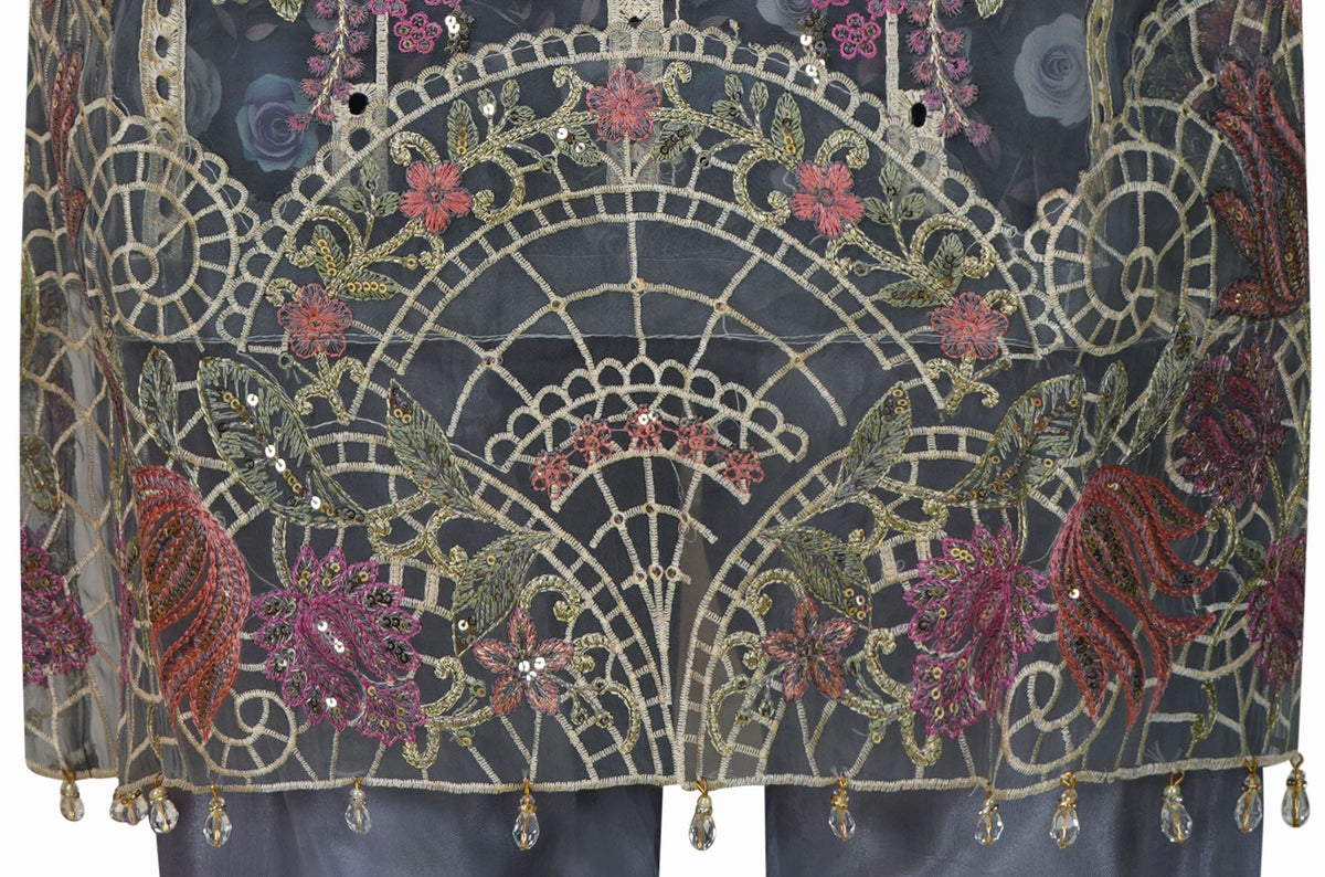 Slate Grey Organza Embroidered Three-Piece Set with Tassel Dupatta