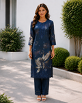 Blue Embroidered And Digital Print Three Piece Suit