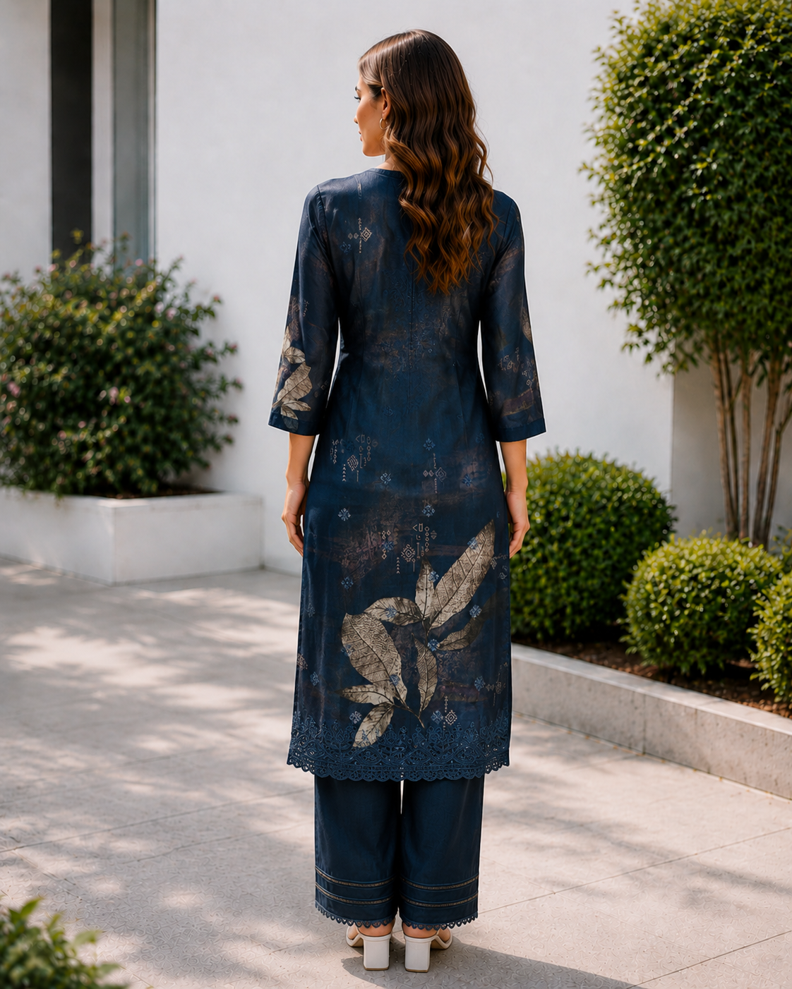 Blue Embroidered And Digital Print Three Piece Suit