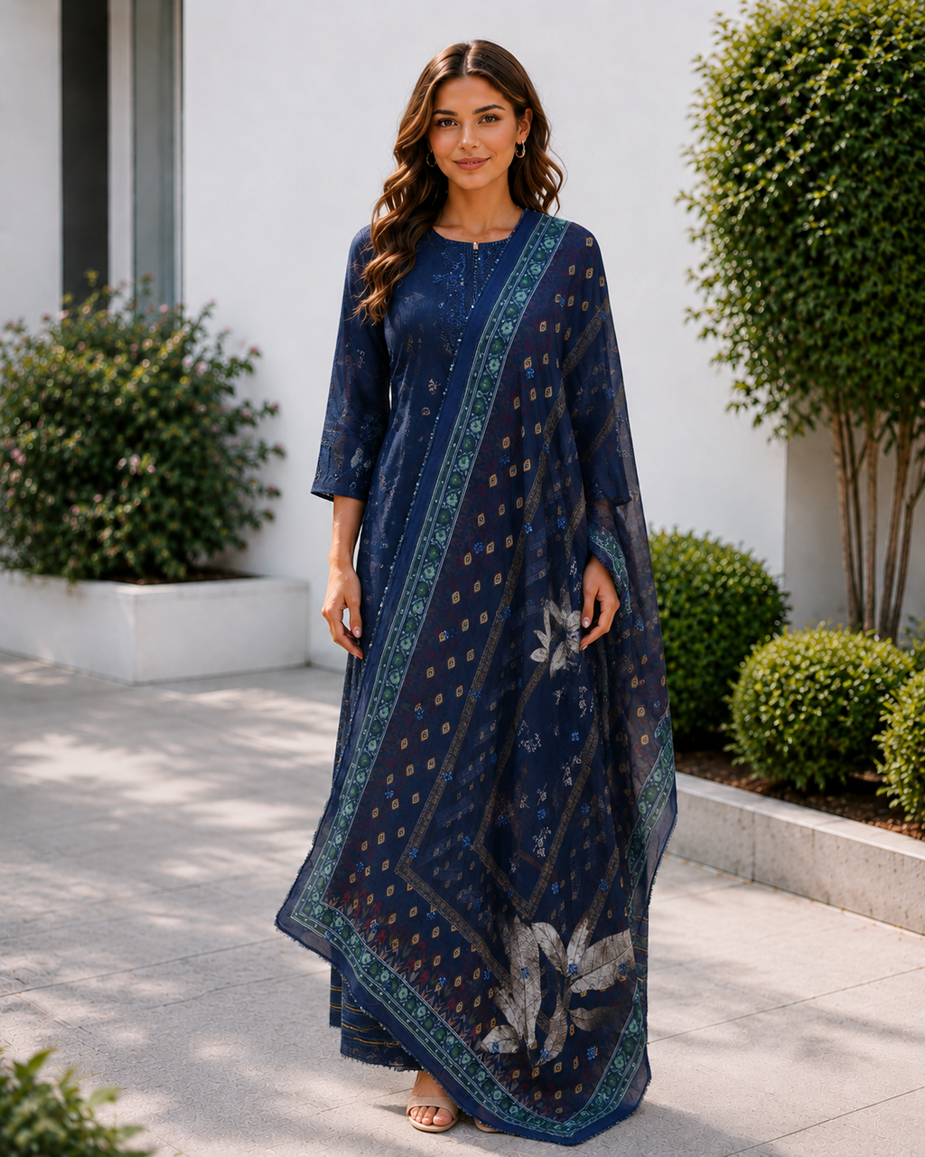 Blue Embroidered And Digital Print Three Piece Suit