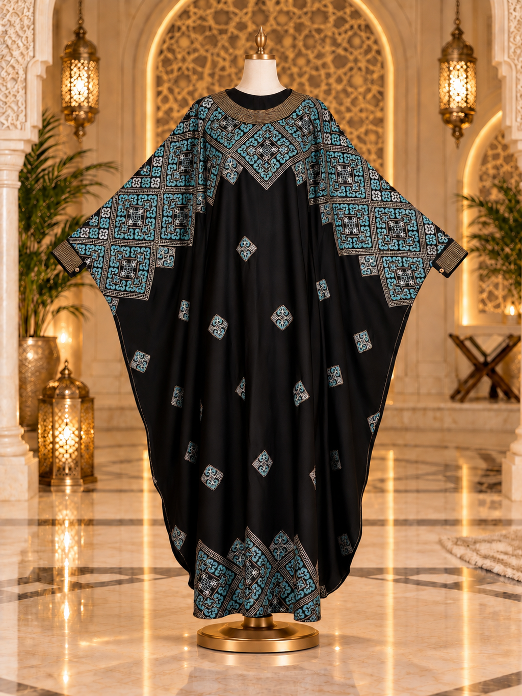 Black &amp; Teal Embroidered Butterfly Abaya with Matching Hijab