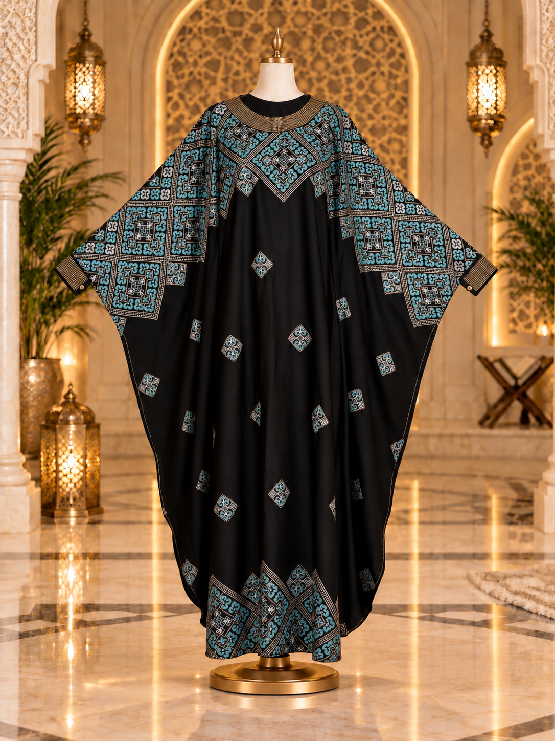 Black &amp; Teal Embroidered Butterfly Abaya with Matching Hijab