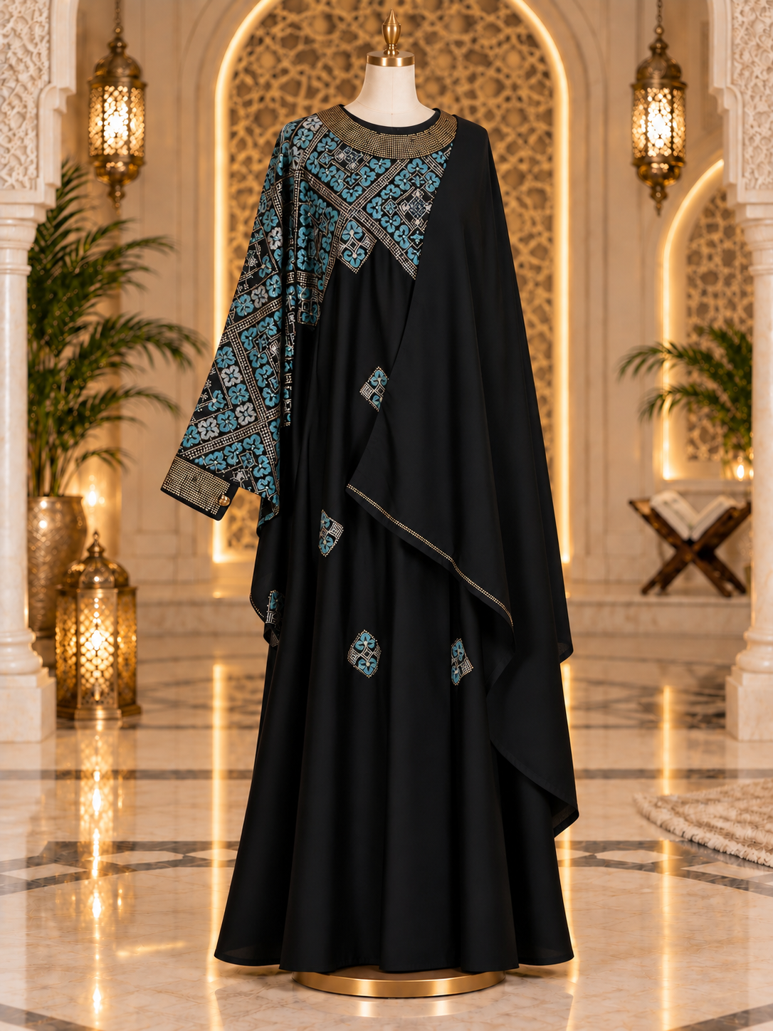 Black &amp; Teal Embroidered Butterfly Abaya with Matching Hijab