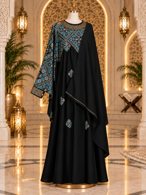 Black &amp; Teal Embroidered Butterfly Abaya with Matching Hijab