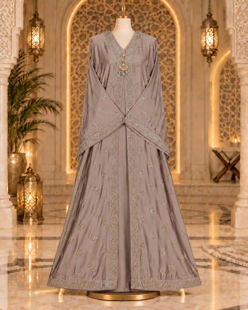 Warm Taupe Embellished Abaya with Antique Gold And Silver Detailing