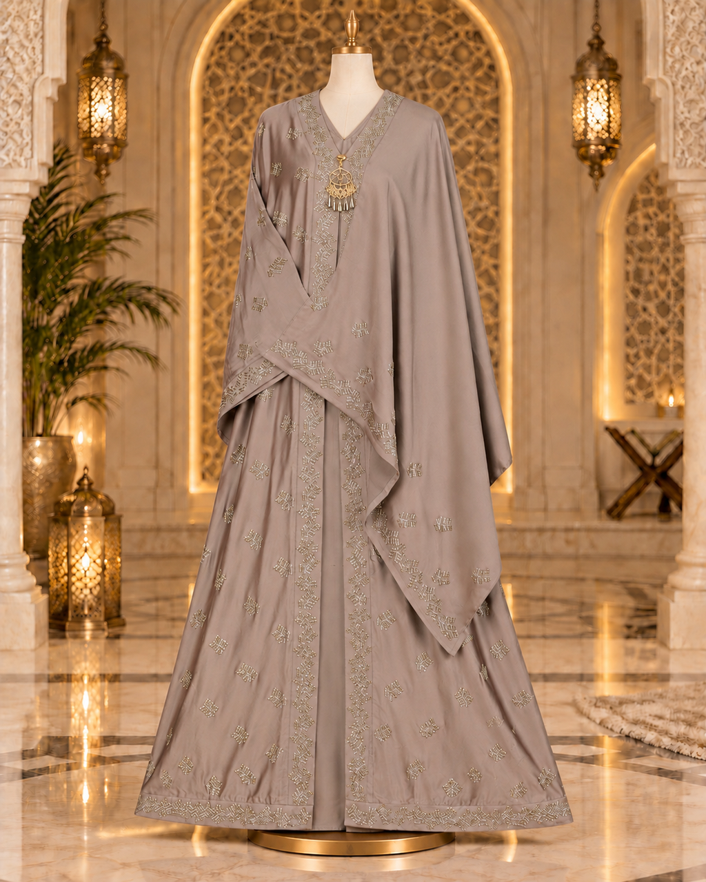 Warm Taupe Embellished Abaya with Antique Gold And Silver Detailing