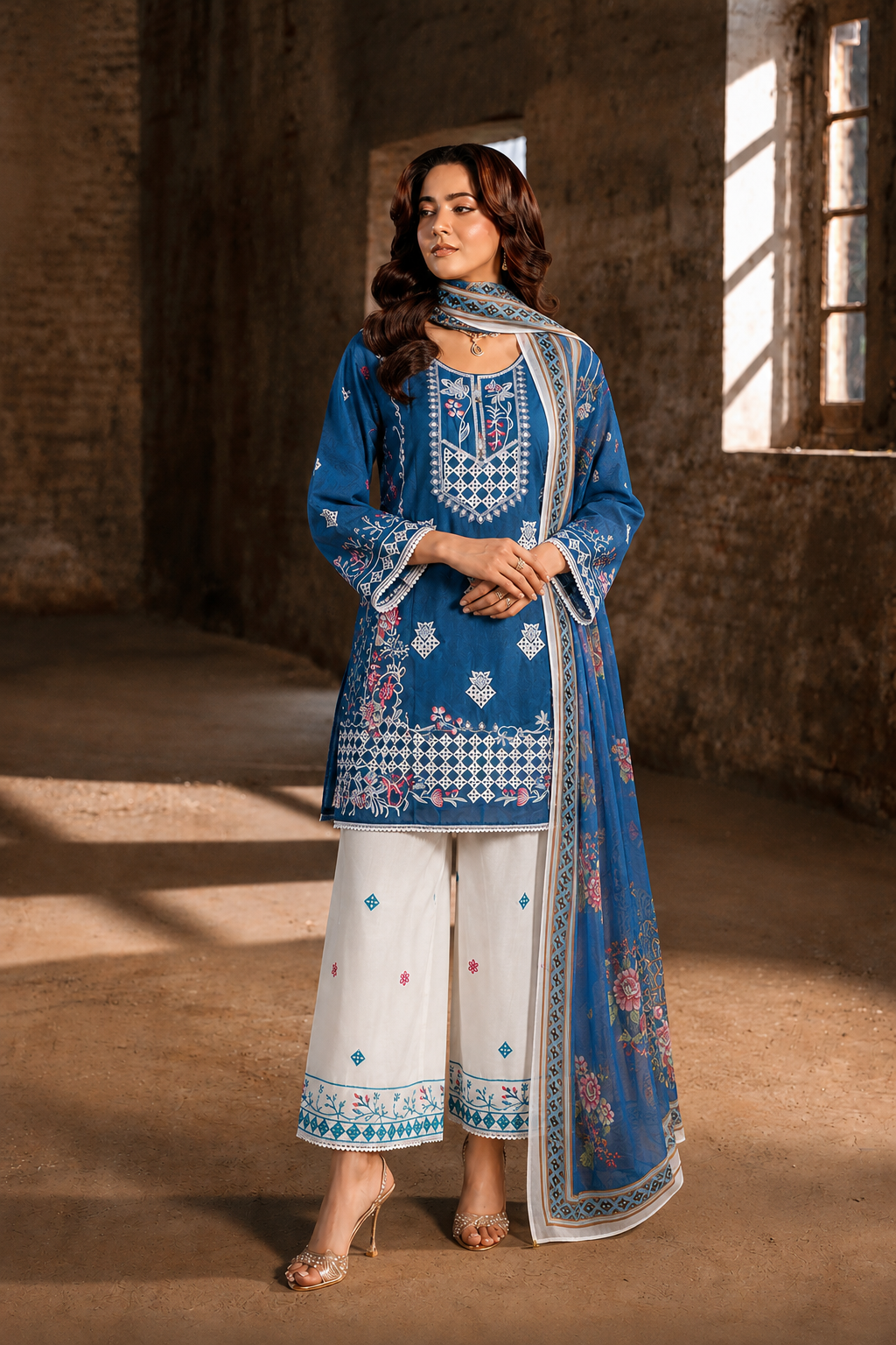 Aqua Embroidered Three Piece Suit