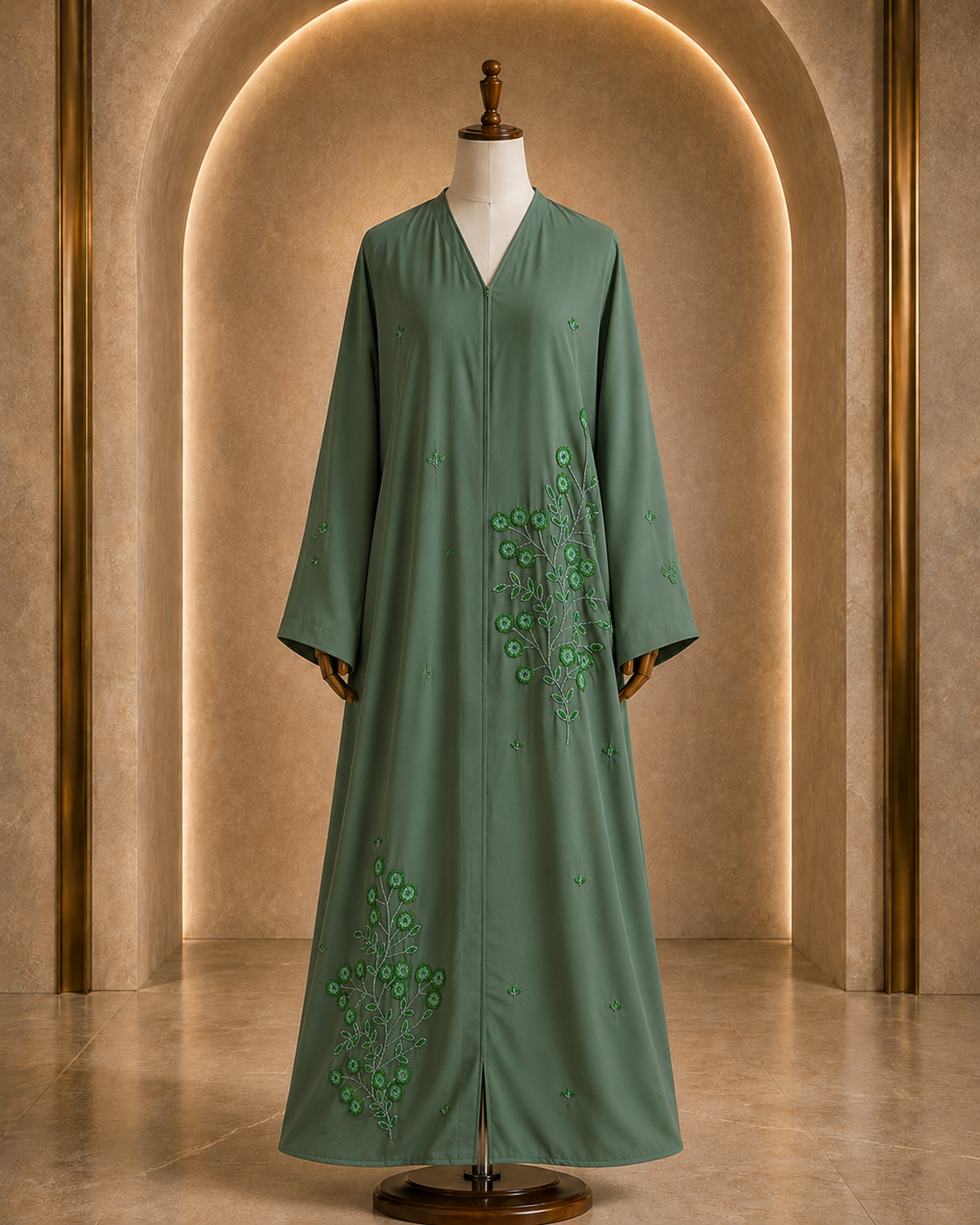 Elegant Light Green  Embroidered Abaya with Matching Hijab