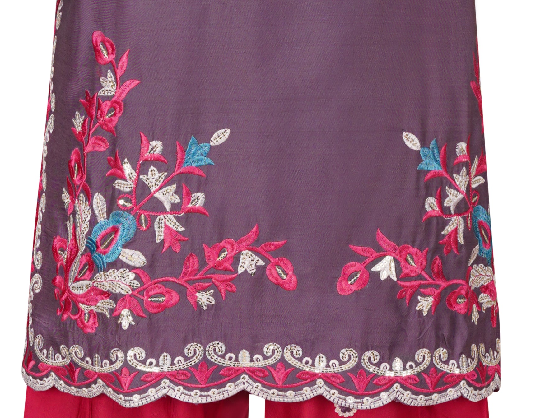 Purple Mixed  Cotton Embroidered Three Piece Suit