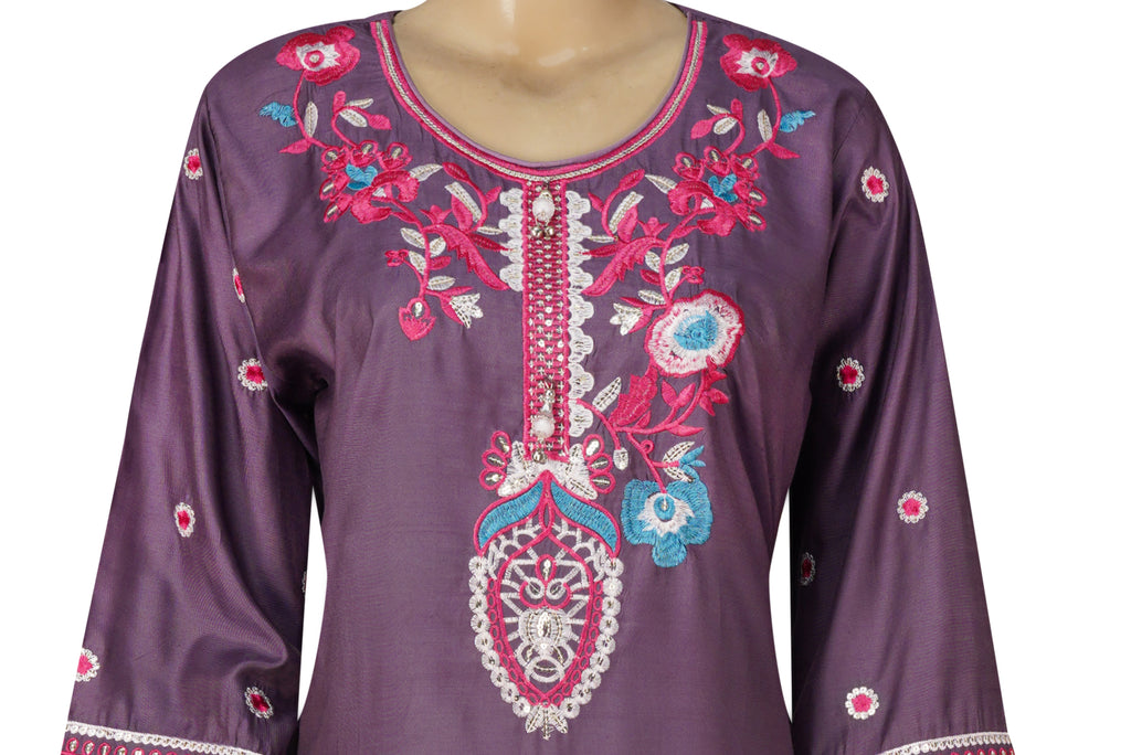 Purple Mixed  Cotton Embroidered Three Piece Suit