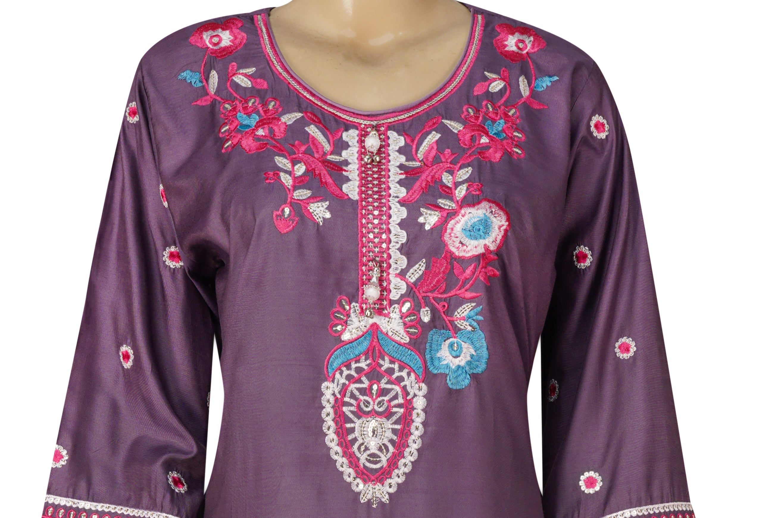 Purple Mixed  Cotton Embroidered Three Piece Suit