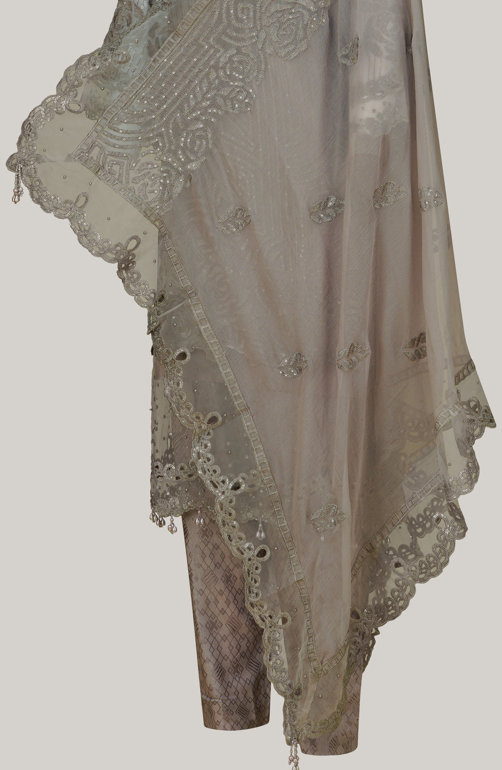 Dove Grey Embellished Chiffon Three-Piece Suit