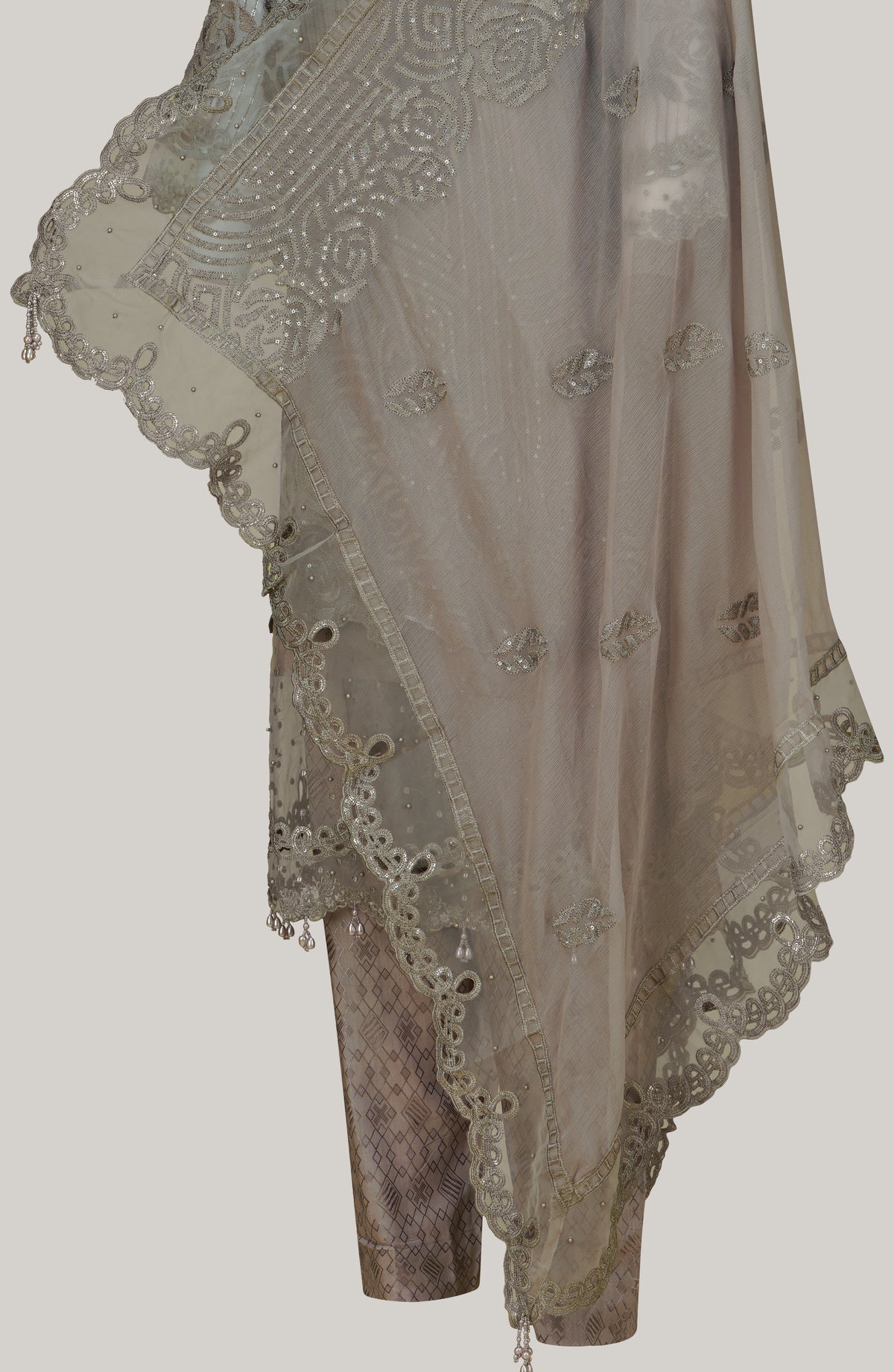 Dove Grey Embellished Chiffon Three-Piece Suit
