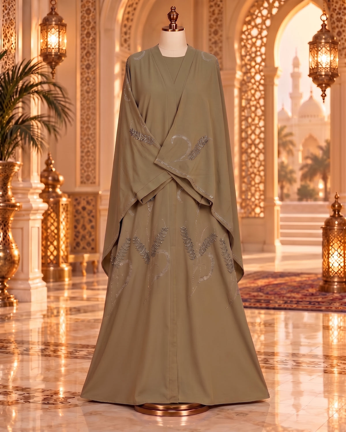 Muted Khaki Taupe Hand-Embellished Abaya with Matching Hijab