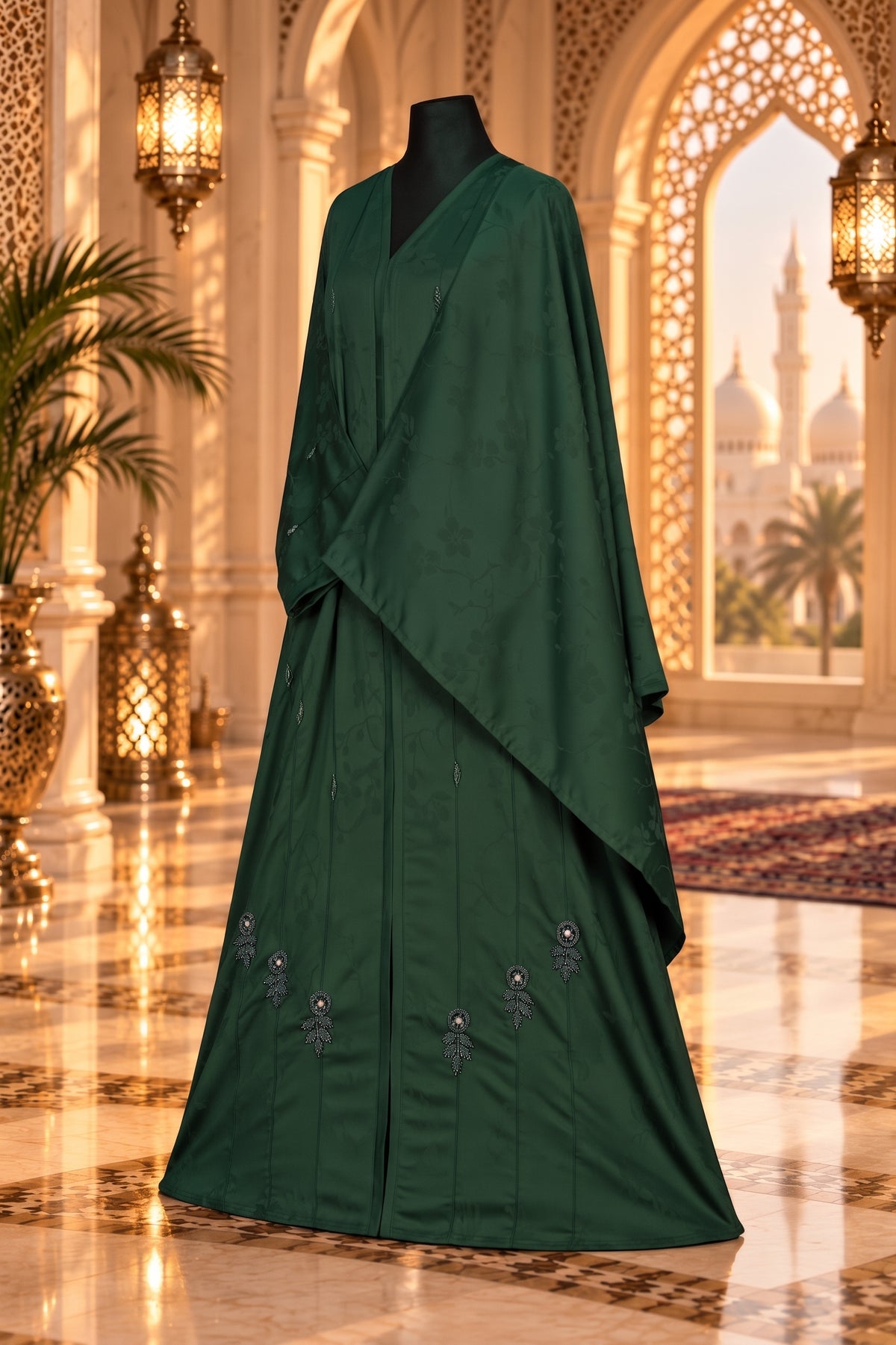 Deep Emerald Green Embellished Abaya with Matching Hijab