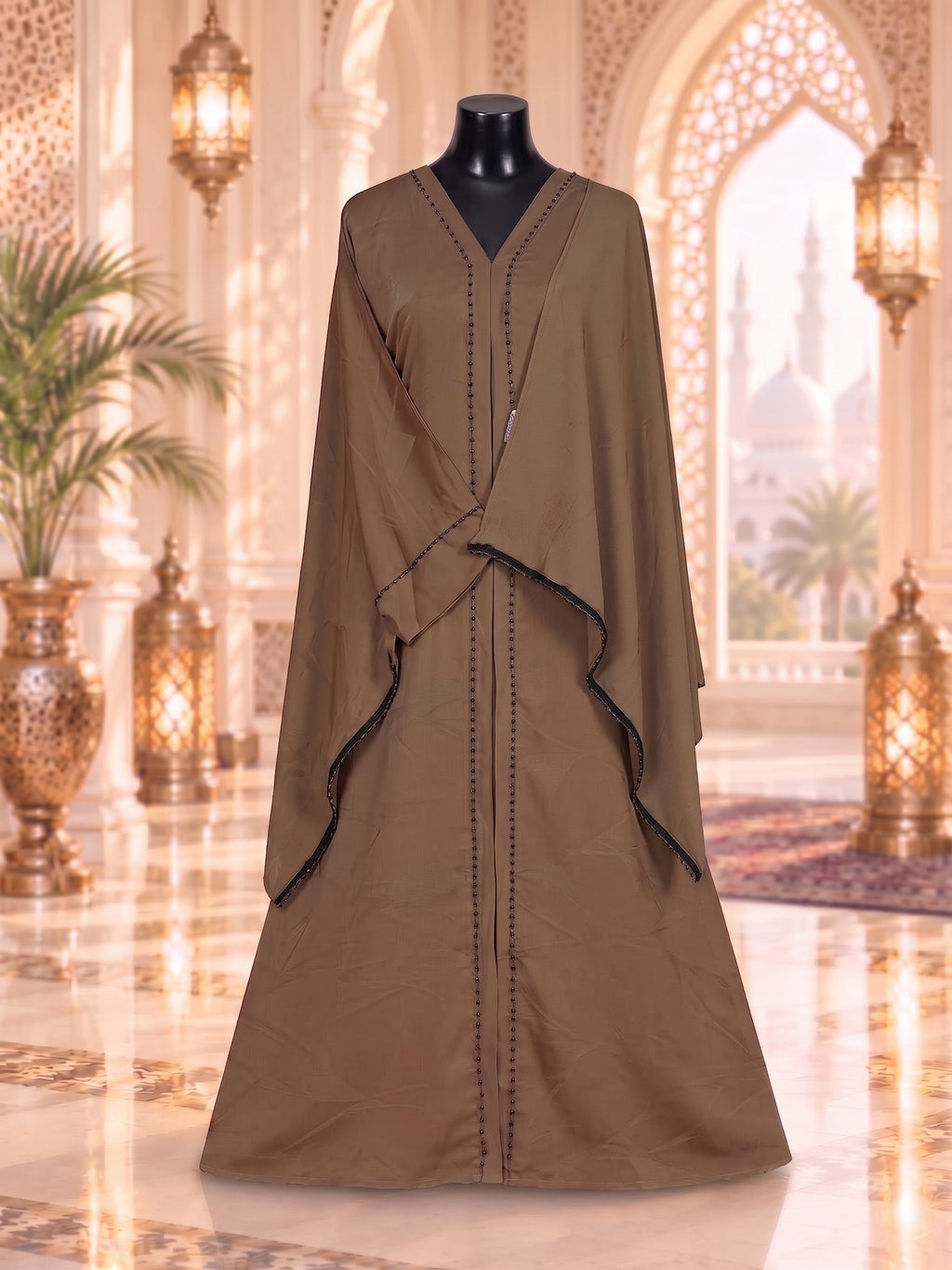 Warm Cocoa Brown Printed Zafran Abaya with Beaded Lace Trim