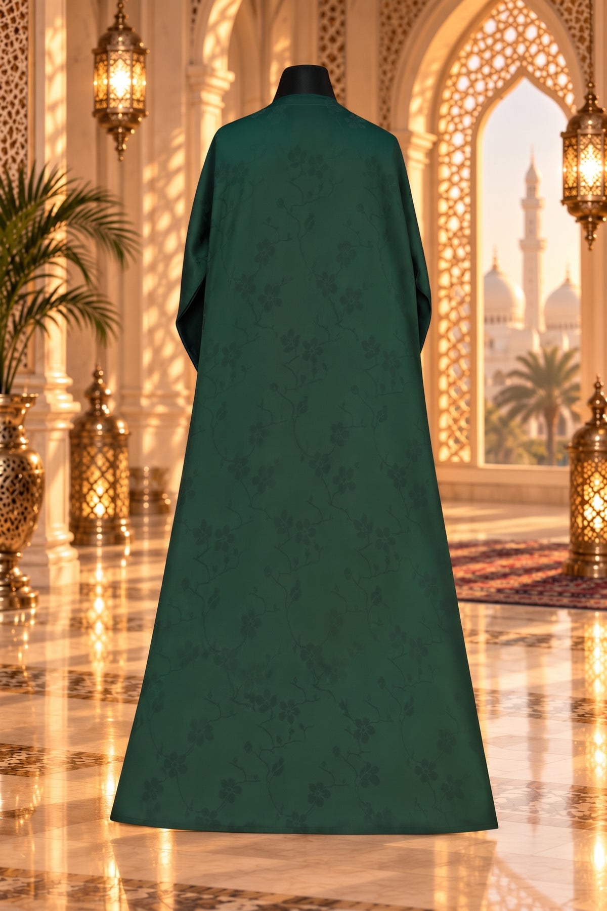 Deep Emerald Green Embellished Abaya with Matching Hijab