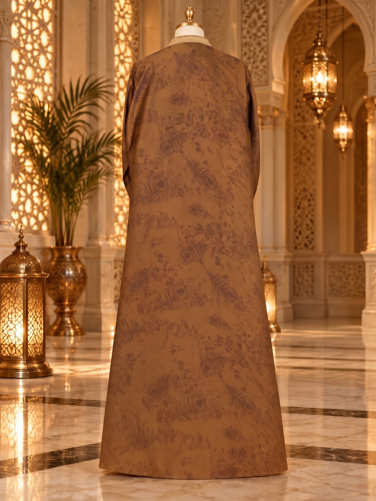 Caramel Brown Layered Abaya with Antique Gold Inner And Matching Hijab