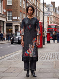 Charcoal Embroidered And Digital Print Three Piece Suit