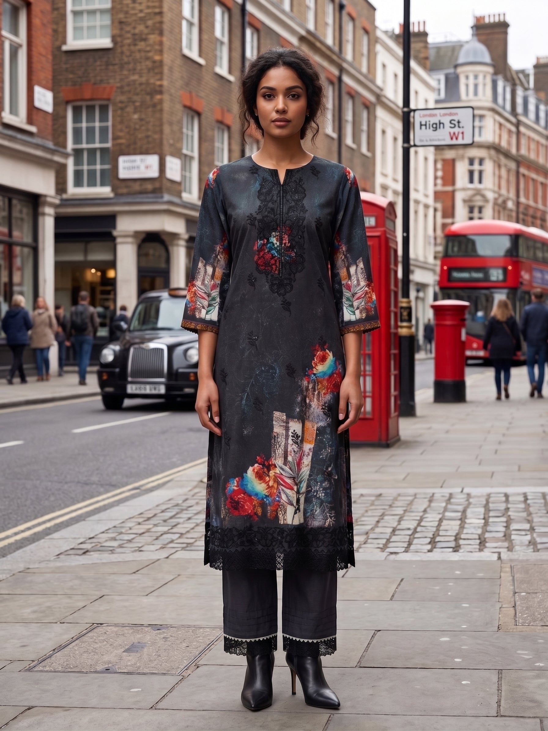Charcoal Embroidered And Digital Print Three Piece Suit