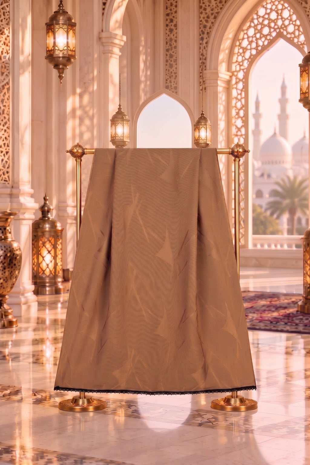 Warm Cocoa Brown Printed Zafran Abaya with Beaded Lace Trim