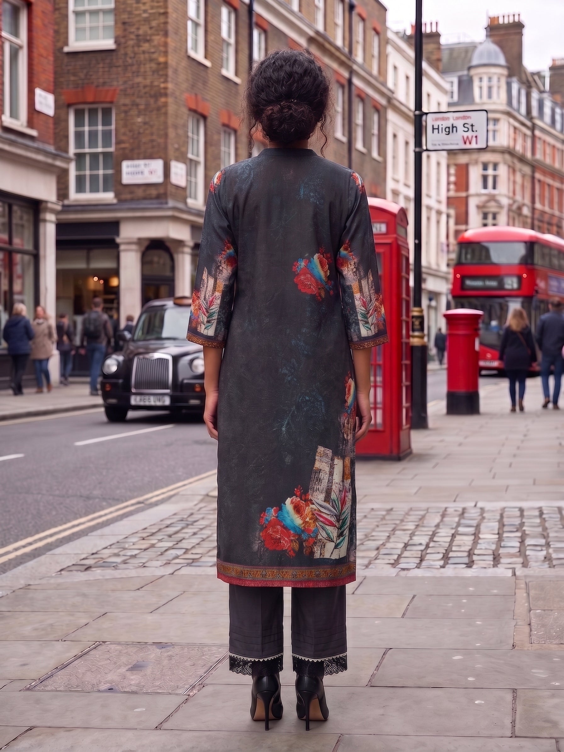 Charcoal Embroidered And Digital Print Three Piece Suit