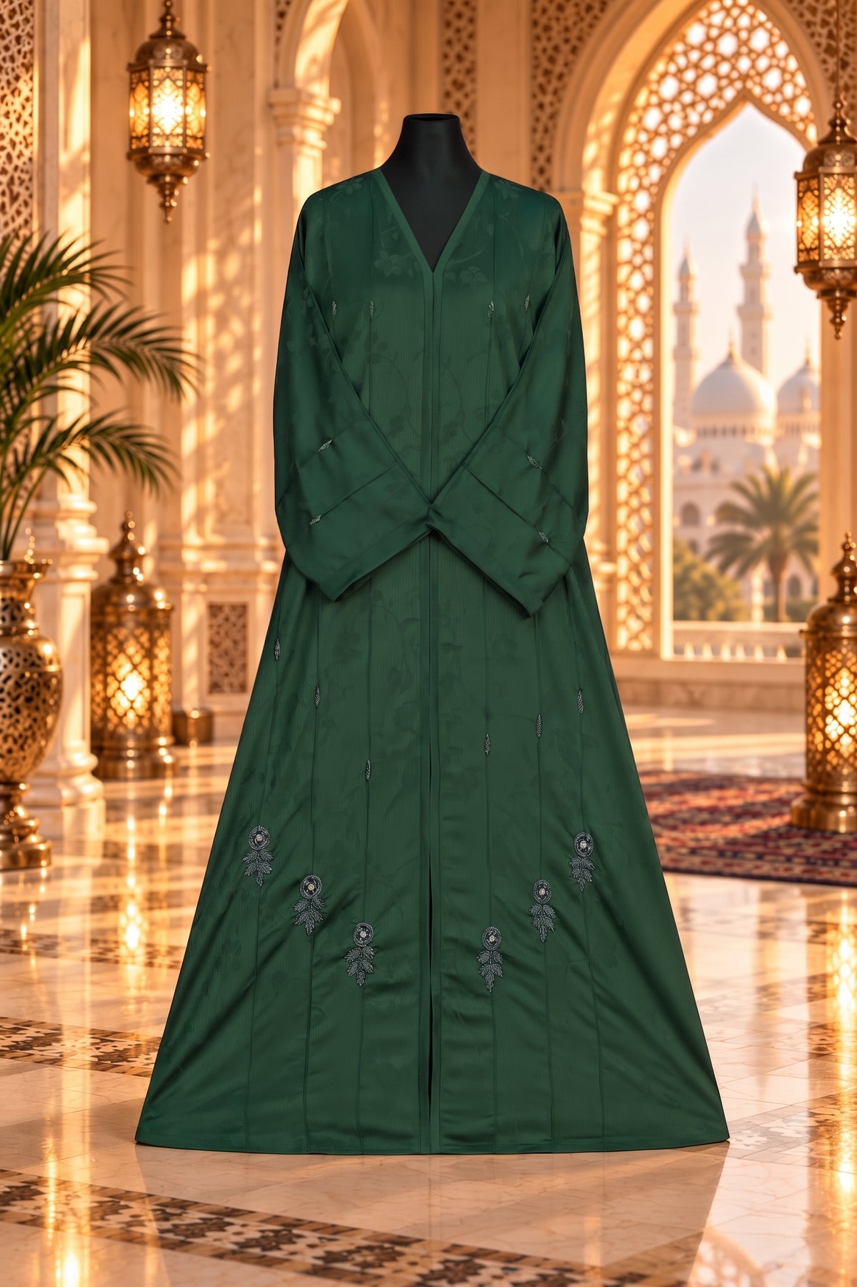 Deep Emerald Green Embellished Abaya with Matching Hijab