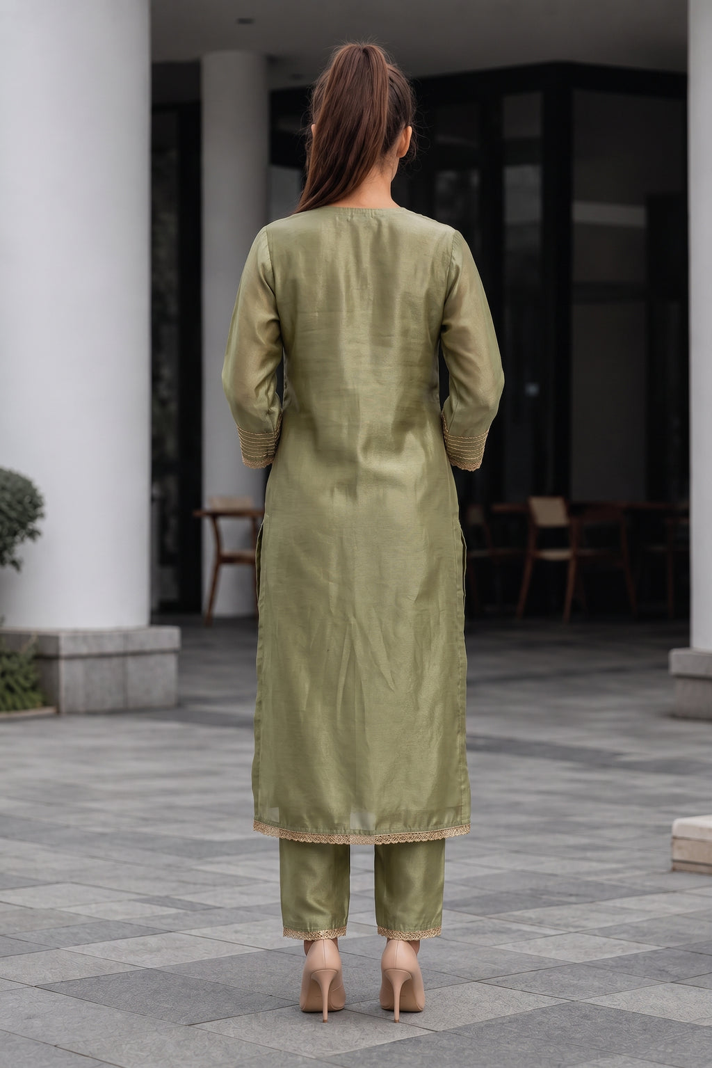 Light Olive Zardozi Embroidered Silk Three Piece Suit