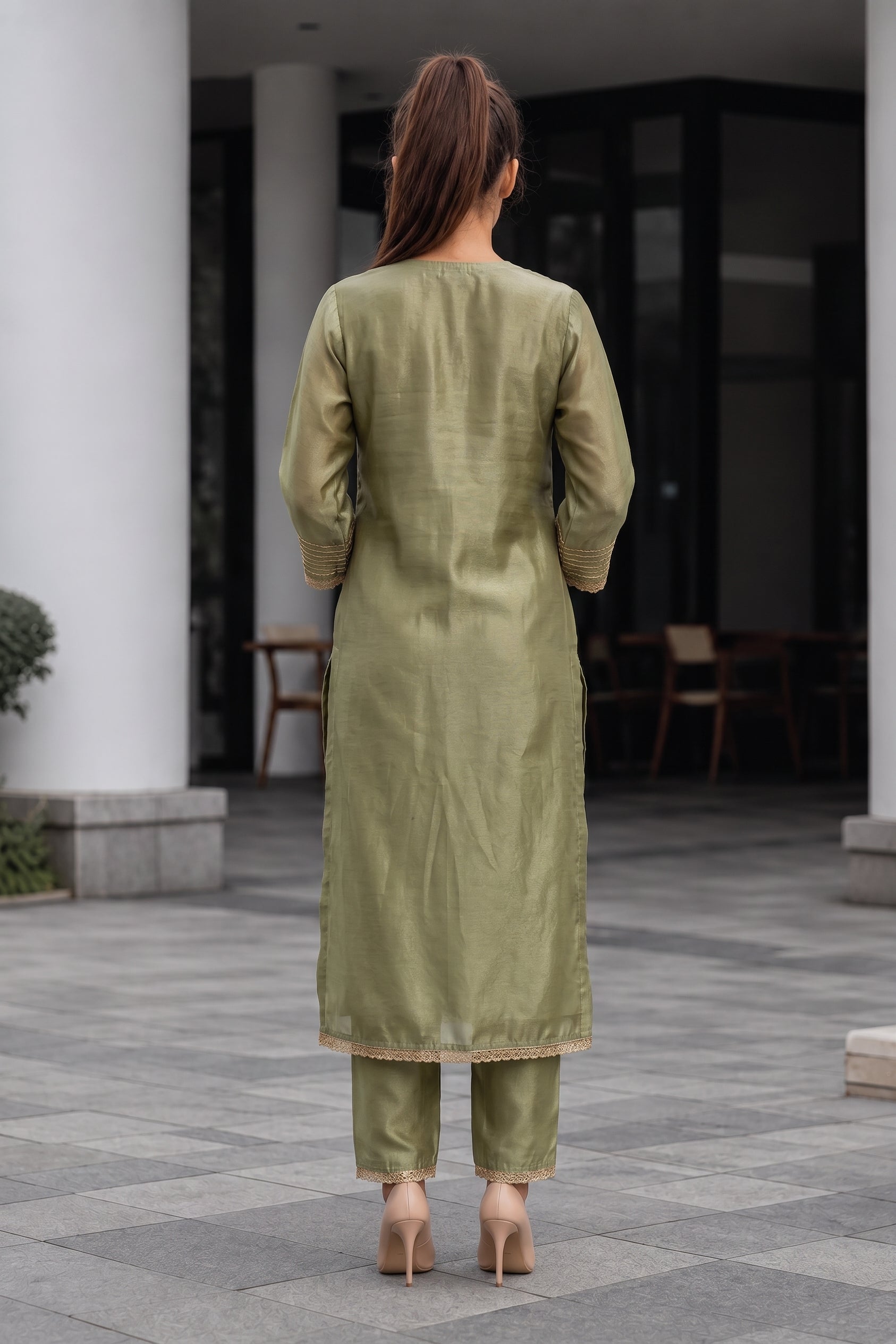Light Olive Zardozi Embroidered Silk Three Piece Suit