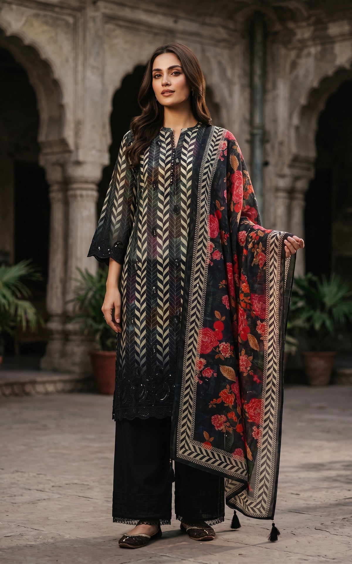 Black and Ivory Embellished Cotton Three-Piece Suit