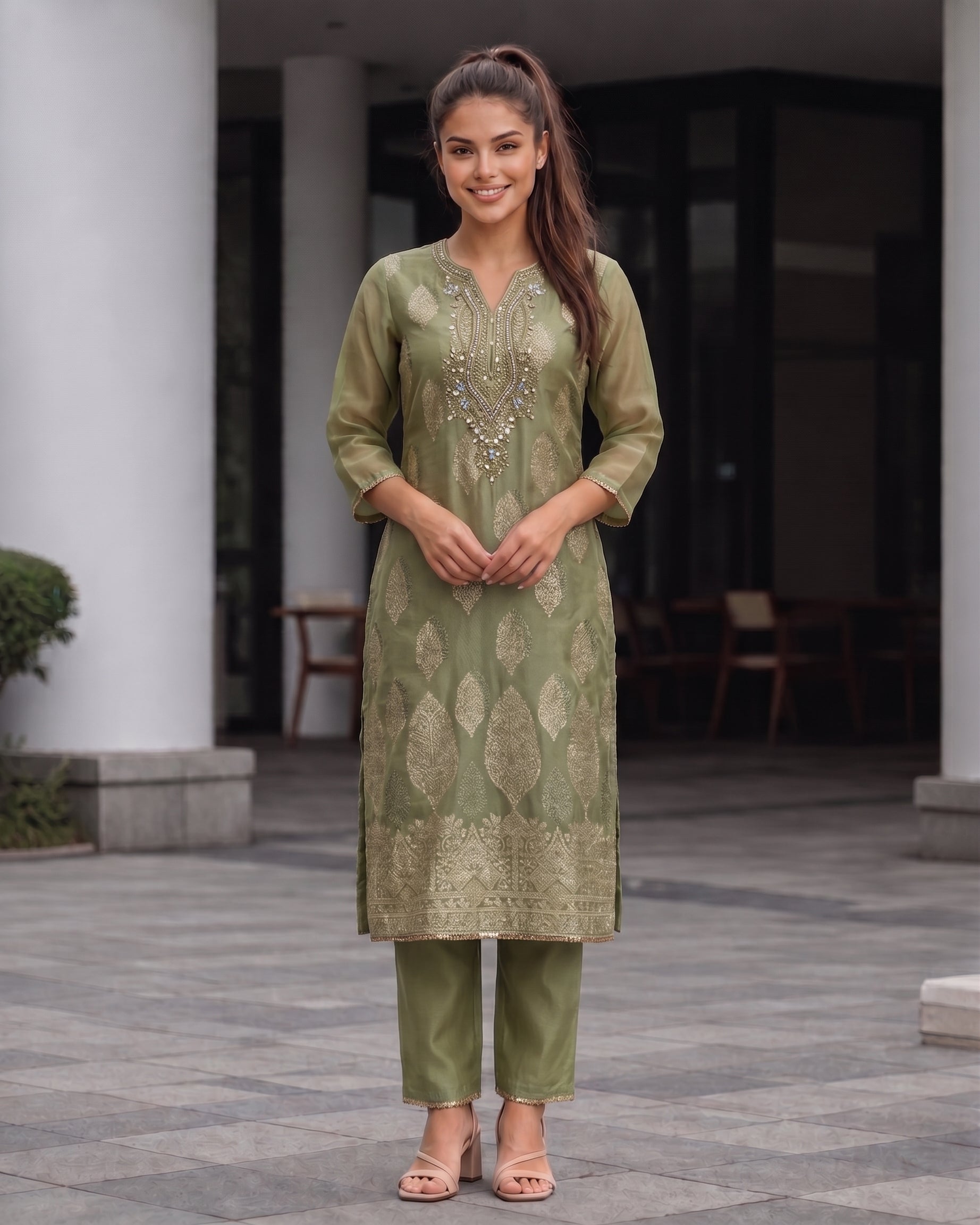 Light Olive Zardozi Embroidered Silk Three Piece Suit