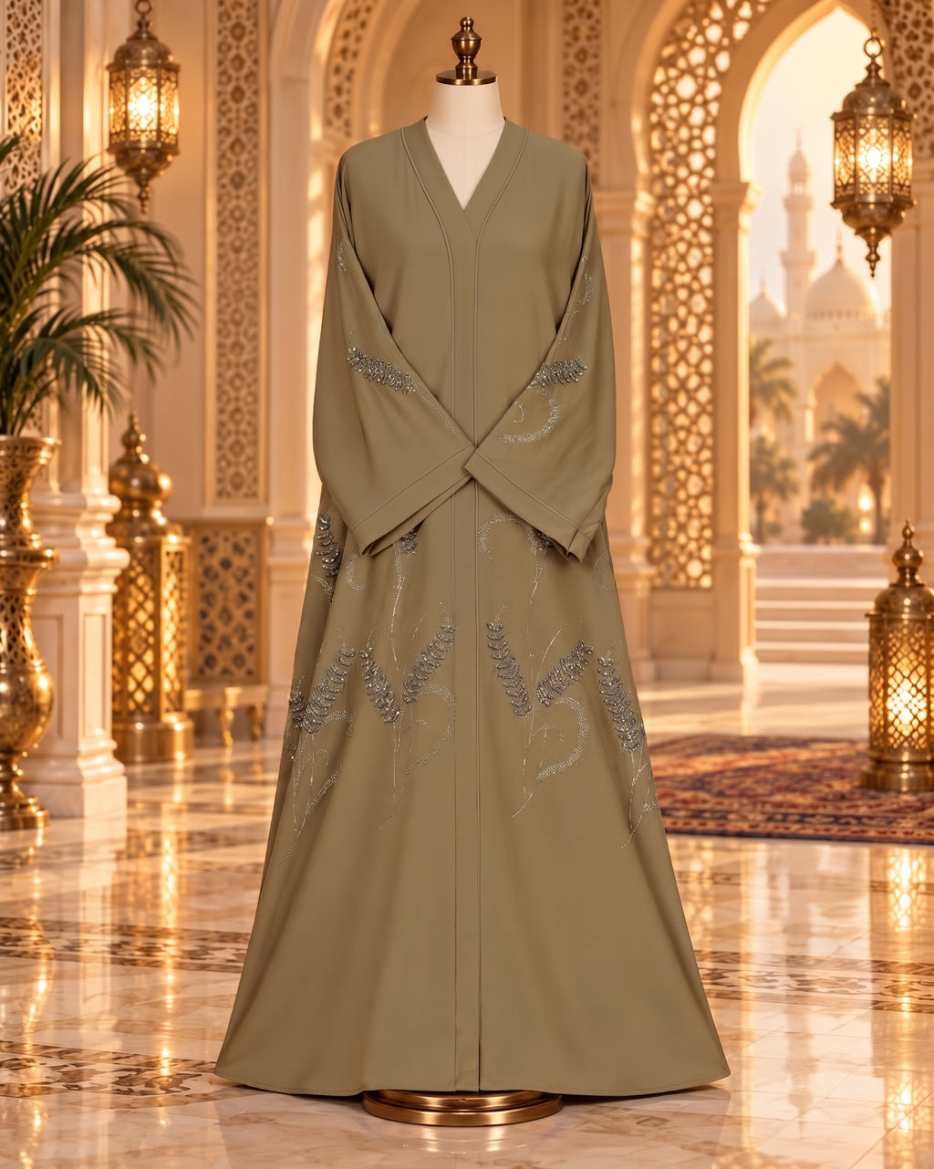 Muted Khaki Taupe Hand-Embellished Abaya with Matching Hijab