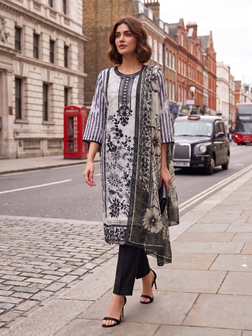 Light Grey Digital Print And Embroidered Three Piece Suit